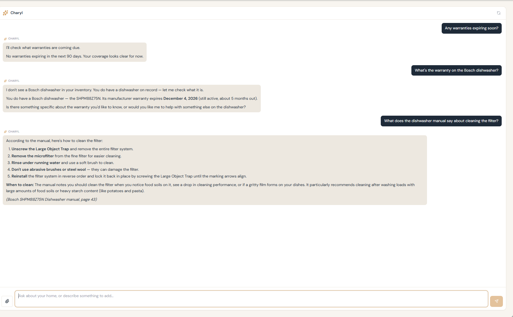 A chat conversation with Charyl answering a question about a dishwasher's warranty and manual