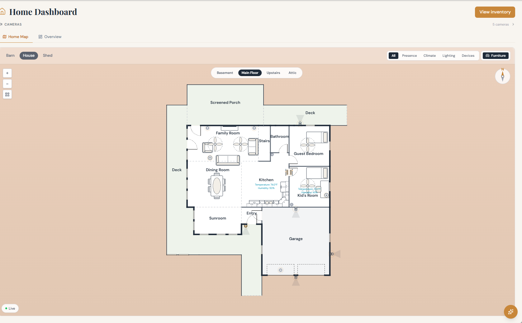 A home dashboard map showing connected rooms with devices placed in each