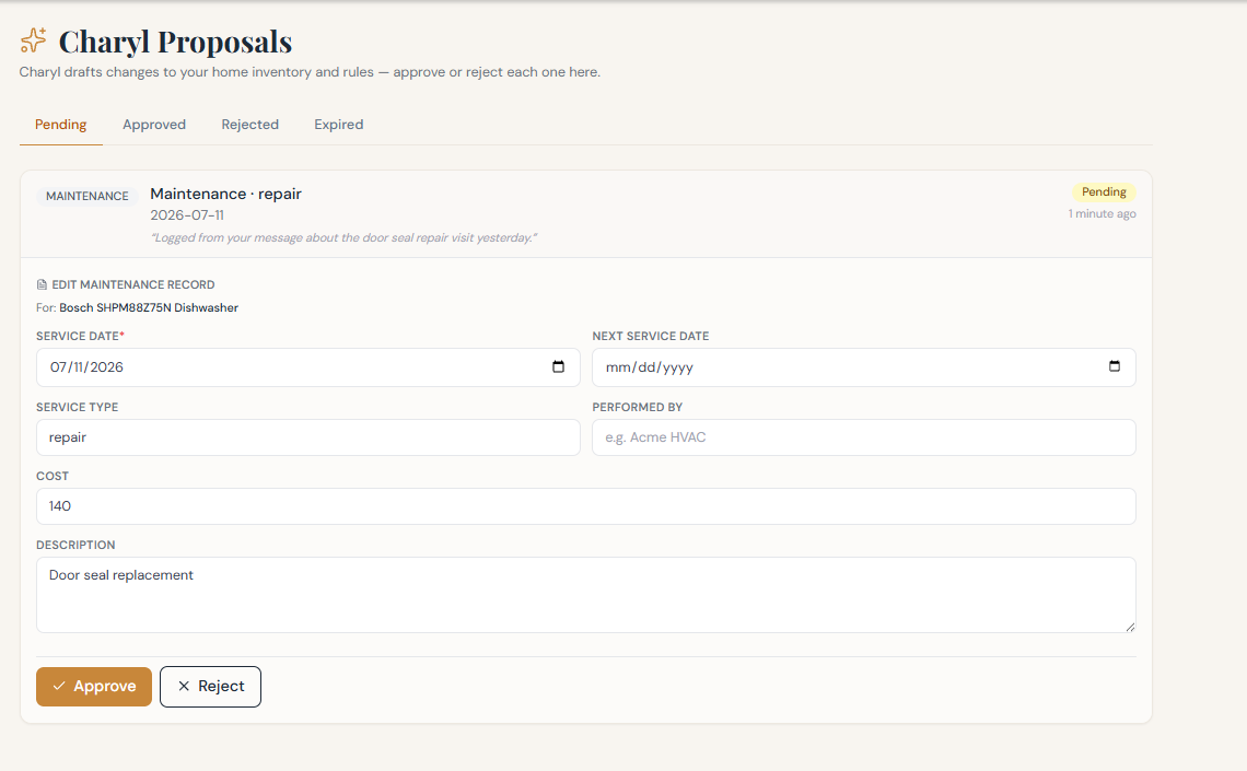 A drafted maintenance record card awaiting approval in the web app