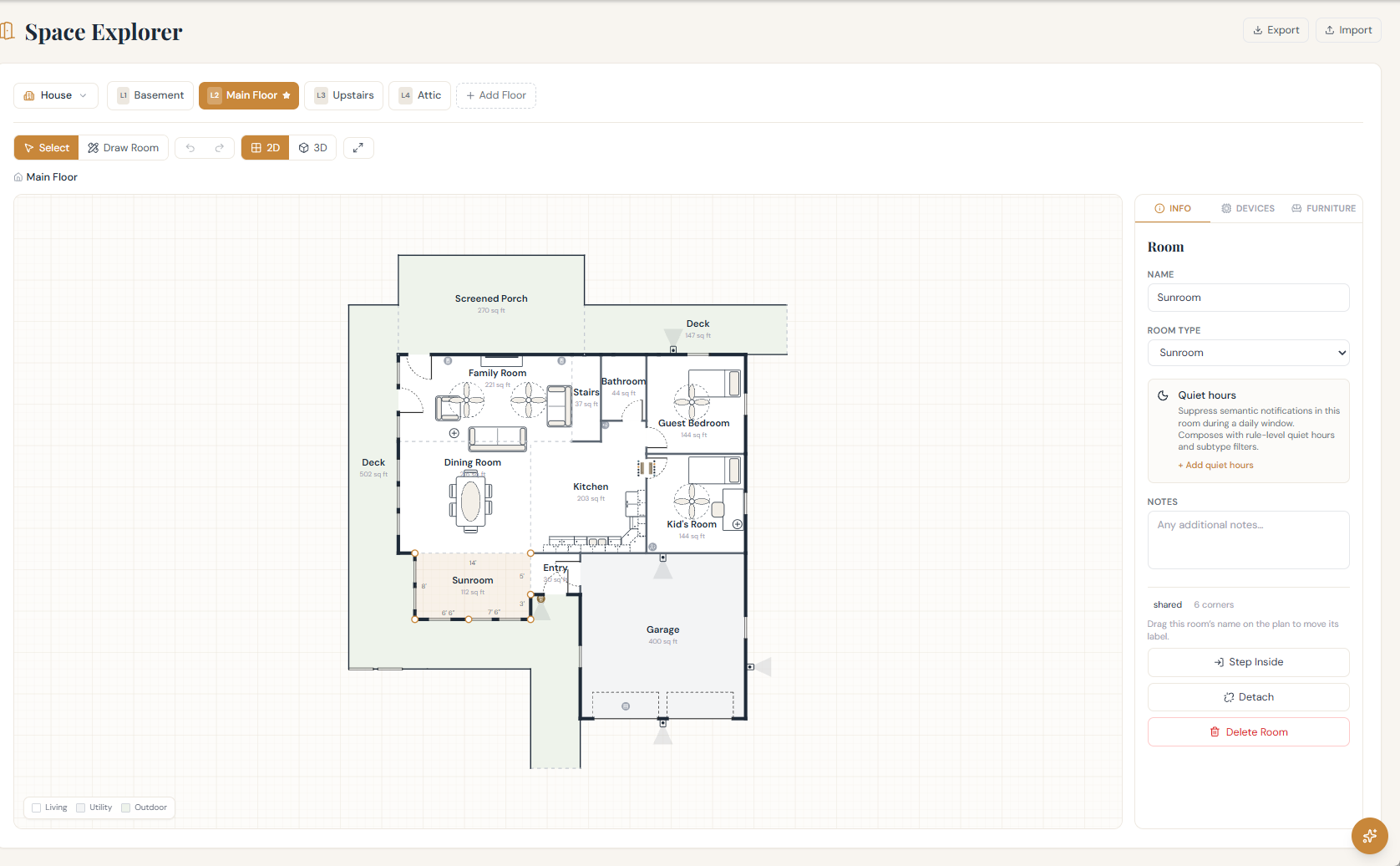 The Space Explorer floor editor showing named rooms on a floor plan